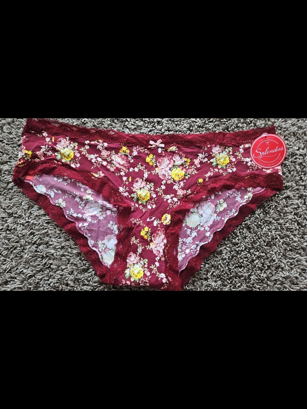 Splendies Floral Lace Bikini Panty - Burgundy with Yellow Roses Size 4x
